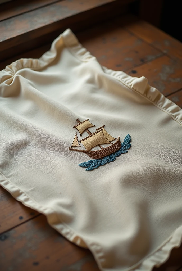 Draw the fabric, on which a small ship with an anchor is embroidered (the fabric is lying on the table, year 1812). Add initials A.about.