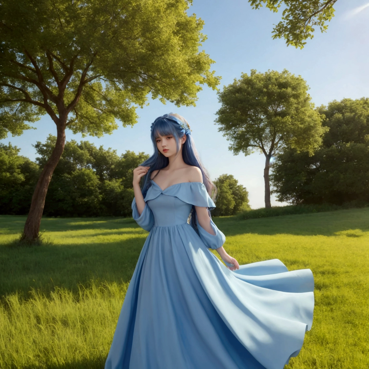 Blue off shoulder dress ,long hair woman, Realistic picture , Best quality, Natural backdrop , tree ,meadow, clear sky