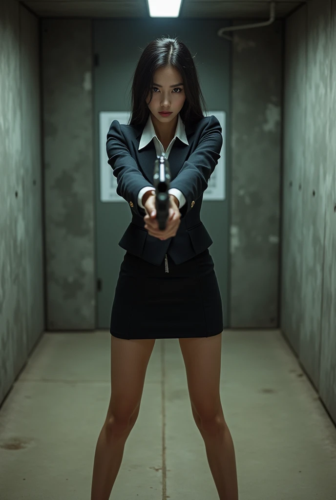 real person realistic beautiful japanese flight stewardess mini skirt standing stance legs open wide spreading full portrait holding rifle gun pointing at you front facing aiming at you shooting range sexy legs
