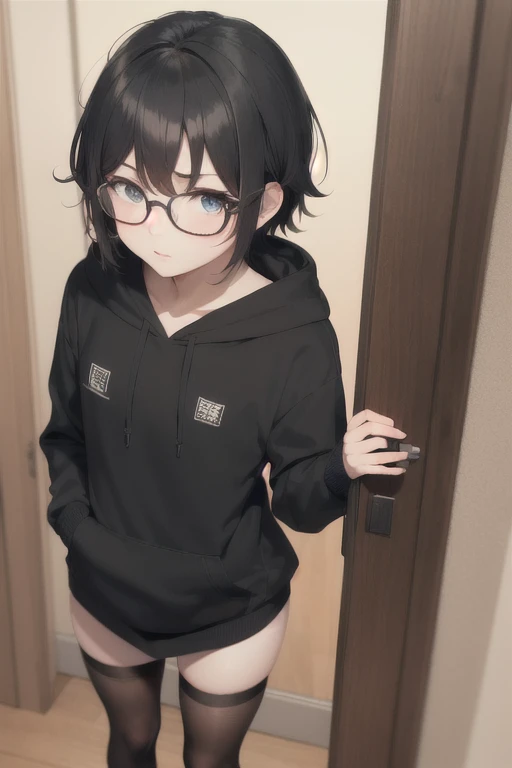 Black haired man with femboy appearance wearing black hoodie, long black stockings, black glasses, shy teenage girl face in anime style