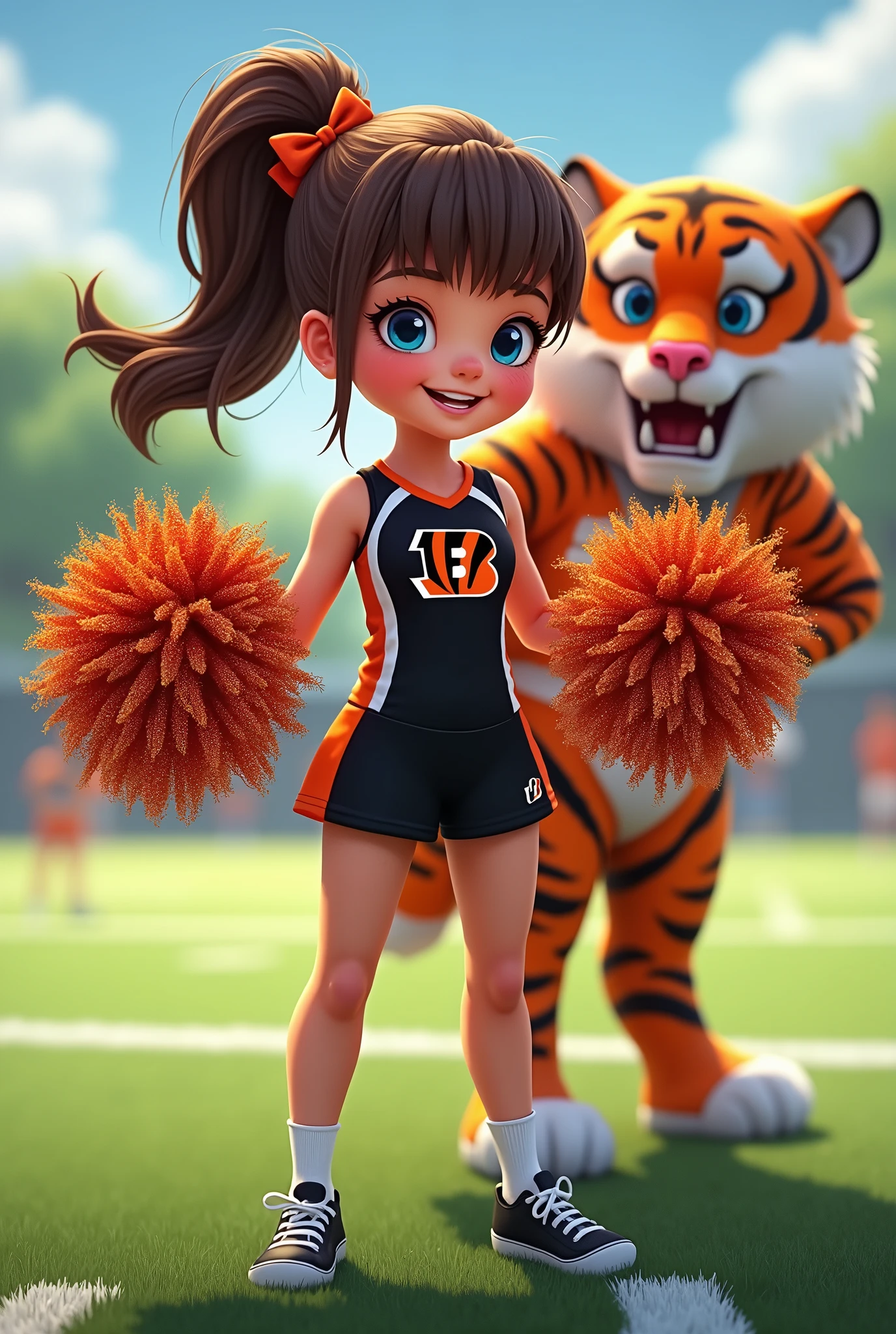 Bengals cheerleader child small breasts slightly heavy
Brown hair, long in ponytail, bangs, blue eyes on football field
Black & orange one piece outfit with Bengals logo black shoes
no socks
hair bow
With tiger
Glittery pompoms
Smiling with teeth
