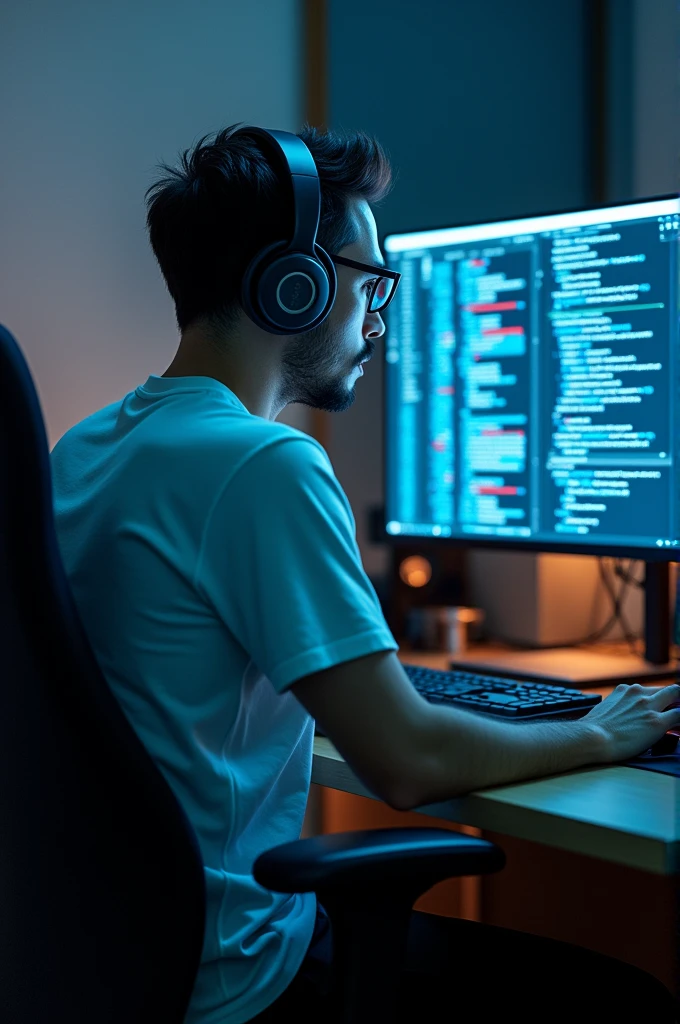 A computer scintist who sits in front of his PC wears a white t-shirt and a black pants with his Heardphone on his ear