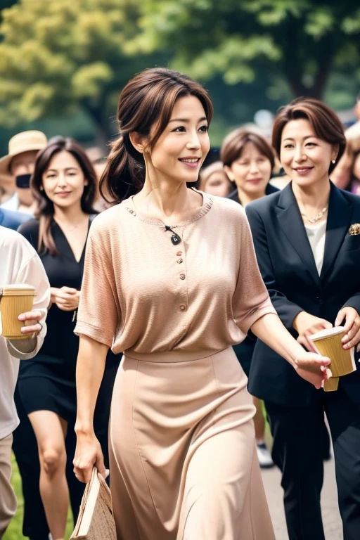 (Low ponytail hairstyle:1.99)(Mature Japanese Woman)(Very light caramel brown hair:1.22)(Highest quality)、(High resolution)、(Ultra-detailed photos)、(Ultra-realistic texture)、(Illuminated subject)(8k images)(Clear Photography)(Real Photo) (40 year old beautiful mature woman)(Elegant and well-proportioned face)(Long face)(Long and narrow face)(Thick lips)(Thin tree, small nose)(Long jaw) (Pale pink top)(A neat, chic and elegant floral skirt) (Look at everyone with a refreshing and loving smile) (Chignon Hair Styles)(Very light brown hair)(Men are captivated by her charms) (She is outdoors)(She poses elegantly and cutely in various locations.)(都Walking through the crowd at the meeting)(Shop)(Sit on the grass in the park)Playing on the swings in the park)Walking through the crowd at the meeting)(Drinking coffee at a cafe)(Shop)(Sit on the grass in the park)Playing on the swings at the show)