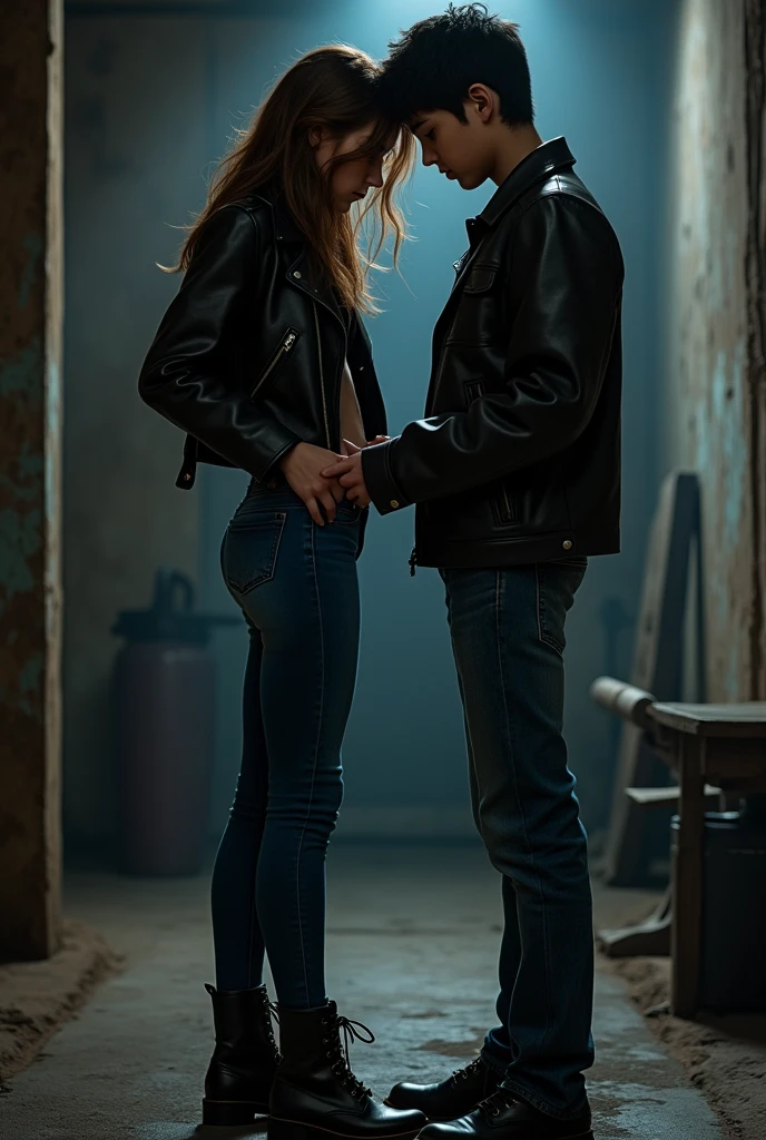 A ager girl standing and wear leather jackets, tight-fitting jeans and shoes. The teen boy take off the jeans of the teenagerl.