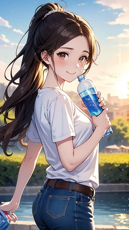 Highest quality, masterpiece, Ultra-high resolution, 8k,,Spring Sky,((Spring Outfits)),Show anime style , One, Soft Line Art, Digital Enhancement, shojo anime touch, shojo manga core, Flowing fabric, close, Soft Drawing, Ultra High Definition Digital Anime Art, Clear facial depiction, Highly detailed girl manga character art, Ultra-detailed manga style, Highest qualityの色,
(Brown ponytail),Staring at us from the front,Beautiful brown hair, Clear brown eyes, A little chubby,Small breasts,Small butt,(((Teasing Smile))),
Summer landscape,T-shirt and jeans,Sunshine,Sweat on the forehead,(((Drinking bottled water))),((I hold my hands up in the dazzling sunlight)),Cowboy Shot