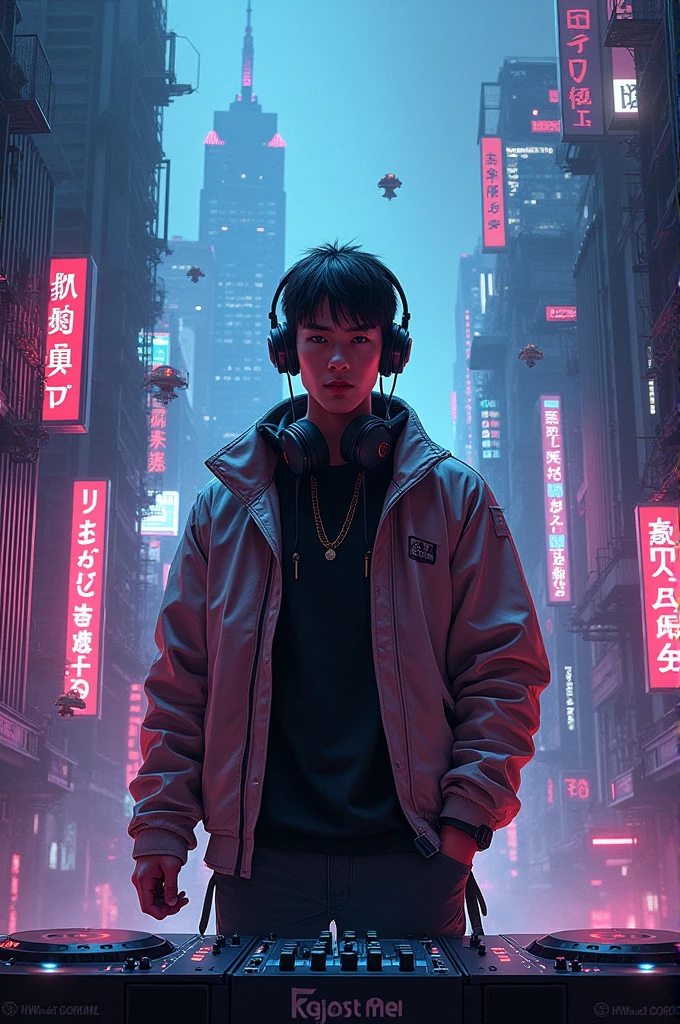 DJ man Asian ciberpunk neon