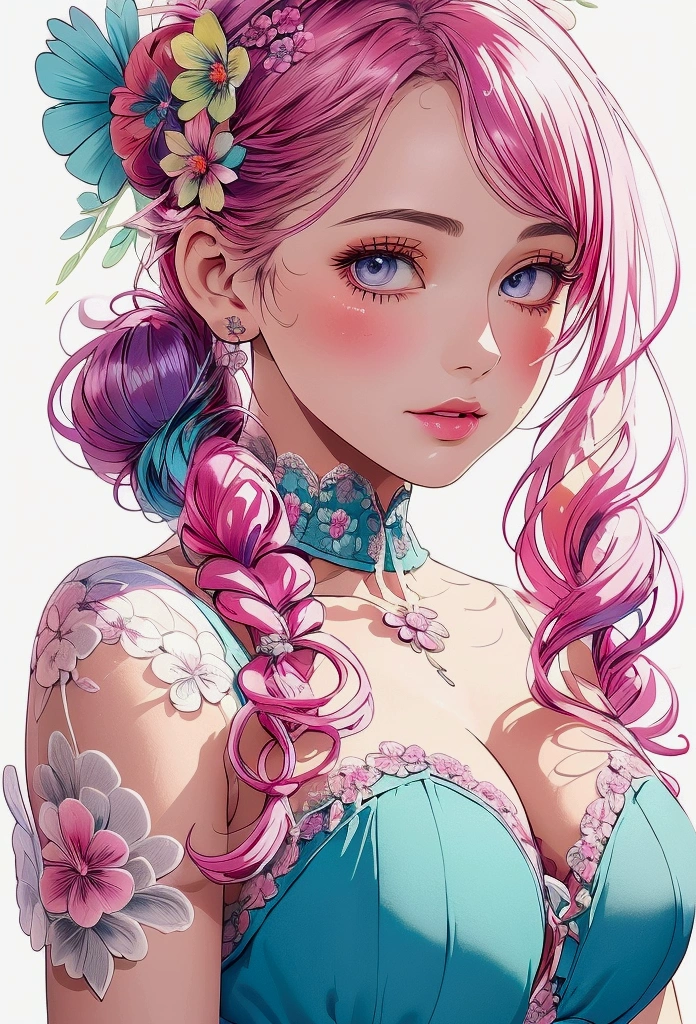 Convert your flower art into a hand-drawn illustration.、Create backgrounds with vibrant colors and unique touches　The type of flower is statice、Gypsophila、sweet pea、Mix in some lace flowers, (arms down), portrait, face portrait, big breasts, cleavage, pink hair, aqua eyes, twin tails, 