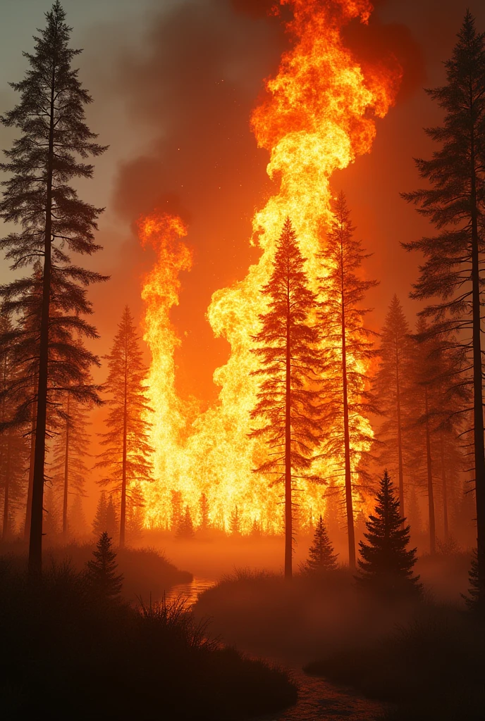 A forest is fire, explosion area, wind, 3D picture effects