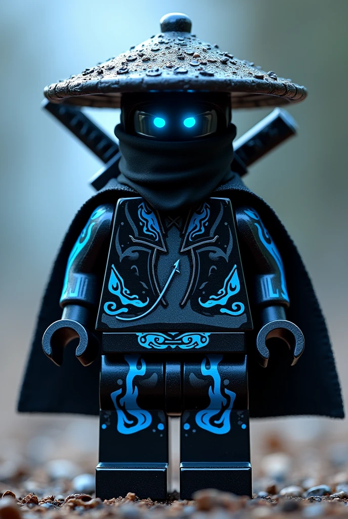 Créer moi un lego ninja go avec pas de muscles et ni de masque le premier maitre du spijisufuturiste de la dernière puissance fusionnaire et doit être en lego un ninja avec un chapeau de paille noir, avec un bandeaux noir cachant la bouche avec une cape noir derrière le dos sombre et avec une peau noir foncé noir sombre et un regard terrible avec des yeux en éclair bleu avec une puissance incroyable avec comme puissance élémentaire l’électrique, l’énergie, la terre, le feu, la glace. Les habits du ninja doit être tout noir avec des traces grise bleu foncé avec des reure en forme d’électricité bleu ténèbres et des écritures japonaises et le parchemin antique sacré le plus puissant en golden. Un ninja imbattable monstrueux beaucoup trop puissant qui contrôle tous les pouvoirs élémentaires. Le ninjadoit être destructeur et soif de victoire un gentil et mechant avec un sabre dans le dos