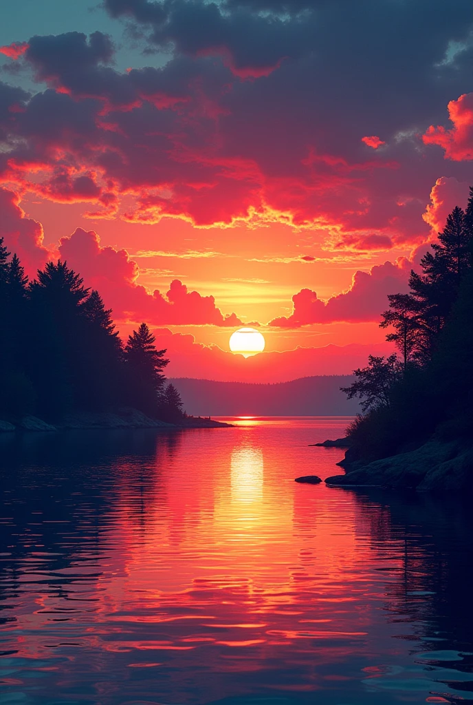 Un coucher de soleil sur un lac. Les couleurs du coucher seraient plus vive que les autres dans un style graphique. Bande dessinée il y aurait un léger effet devant qui passe de gauche à droite