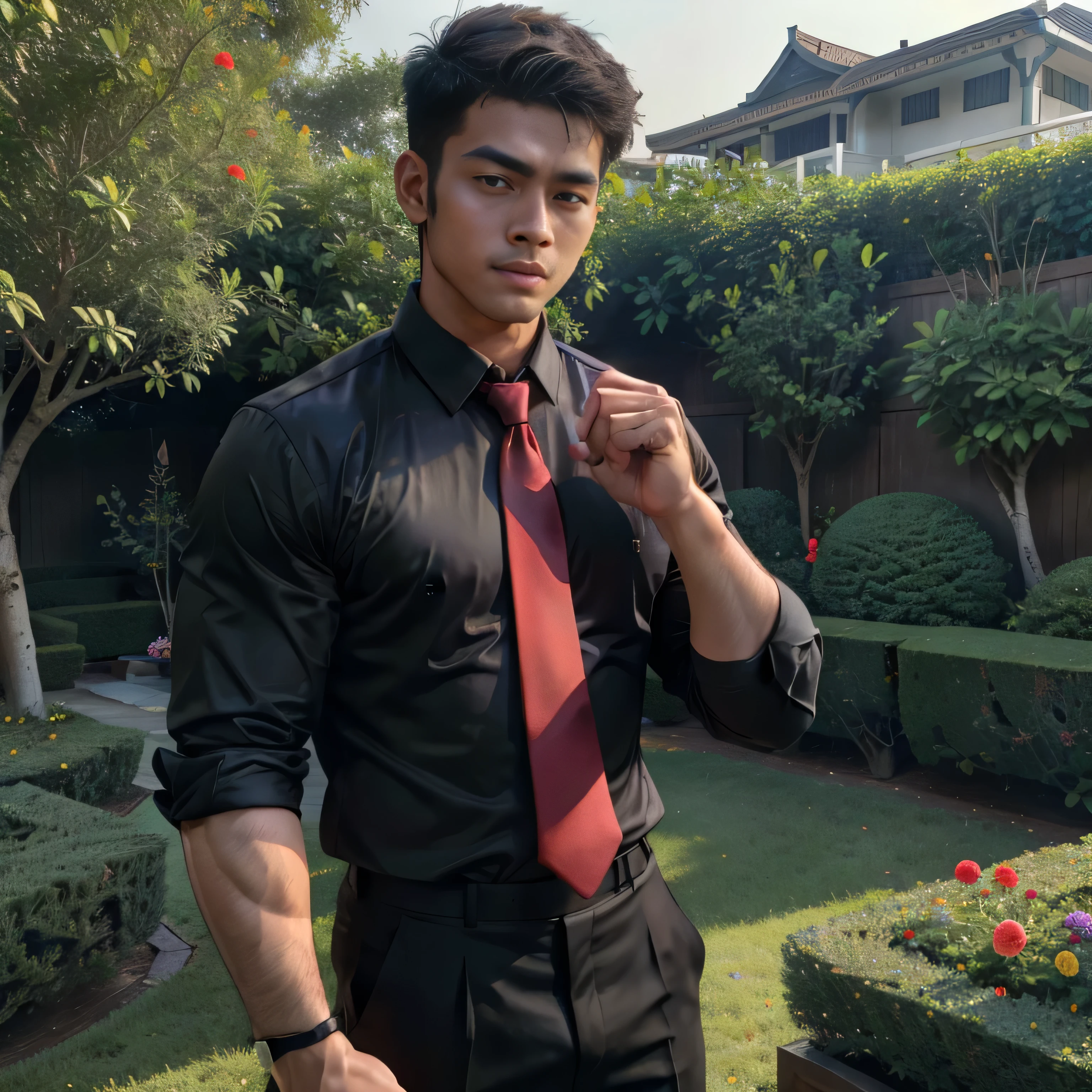 2,One Man,、Handsome。Black Shirt、Red tie、、Dhaka - Fighters、garden。The shade on the lawn、logic,Gay ,Very short hair、　,Asian Face,、　Handsome　　　　Upper Body