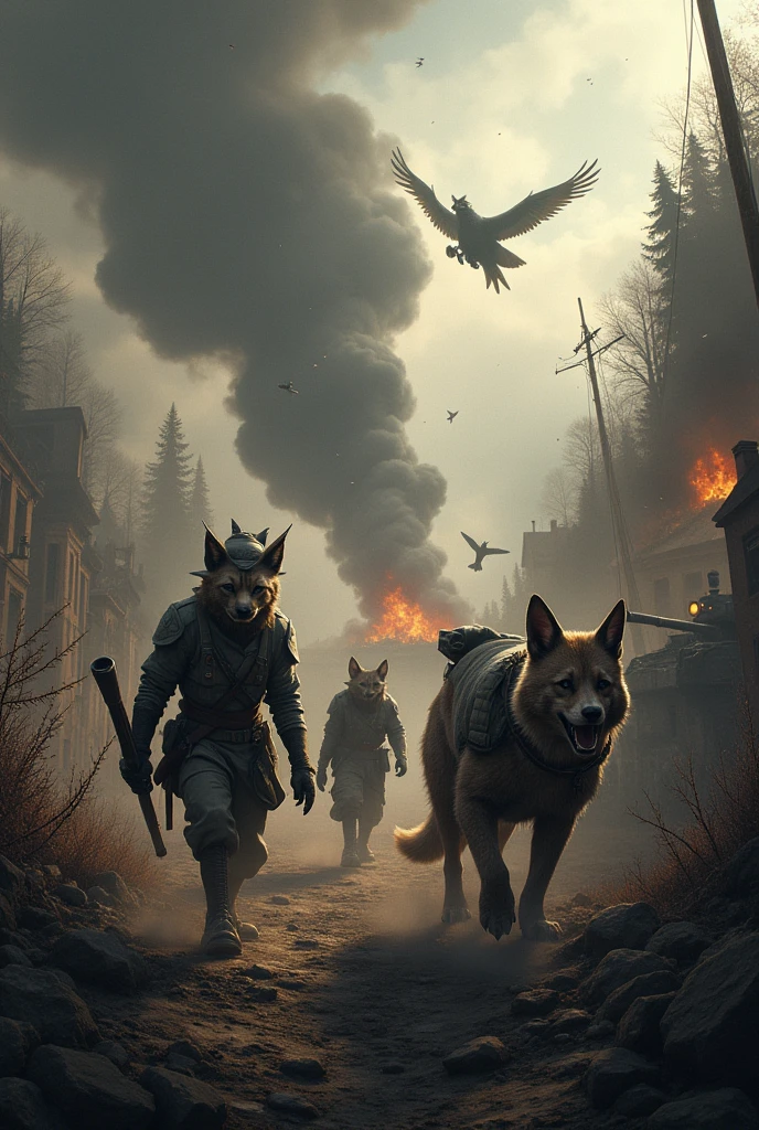 create a picture of world war ii with animals instead of humans.