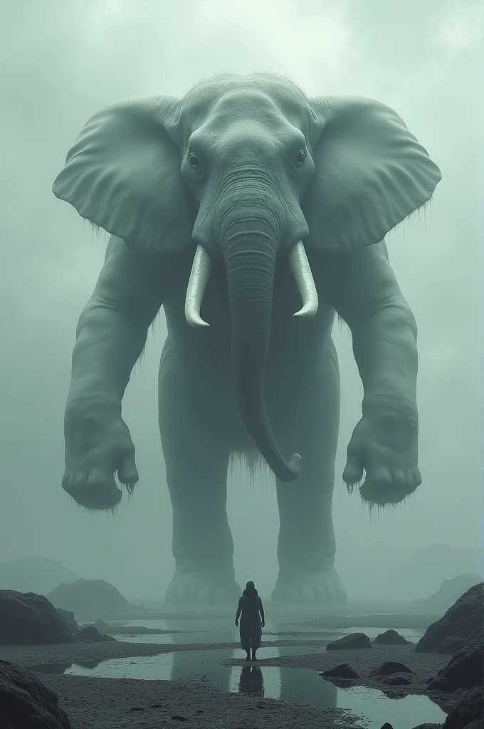 large illusory 'gray' being resembling an elephant with closed eyes and two trunks, with pools of shadows gathering beneath its feet