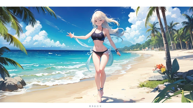 A woman wearing a separate swimsuit、Draw a scene of a person walking towards the sea on a beach with a swim ring。The excited expressions before entering the sea、The sparkling surface of the sea represents the joy of summer.。In the background、The horizon and sky in the distance are depicted.。
