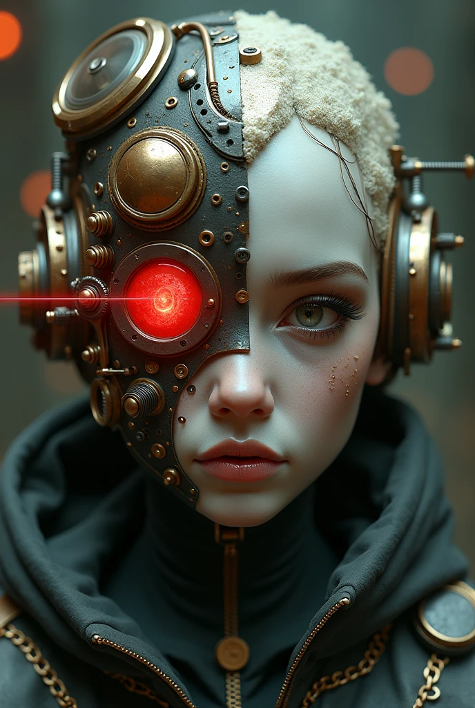 one side steampunk male with red laser eye and one side of face is steampunk