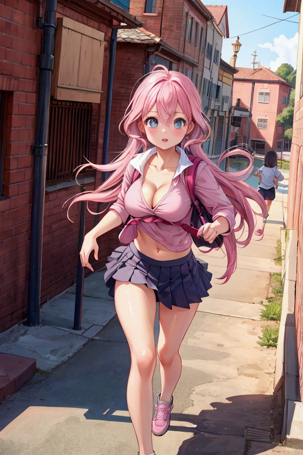 Pink Hair　Beautiful breasts　beautiful girl girl    running to schools face fount 