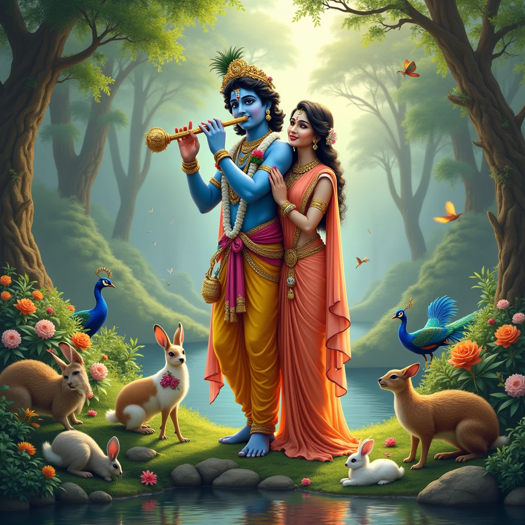 Create an image of lord krishna with flute in his hand and with shree radhika who stand aside of him and some animals like rabbits squirrels deers and some birds like peacocks swans and parrots are moving around them