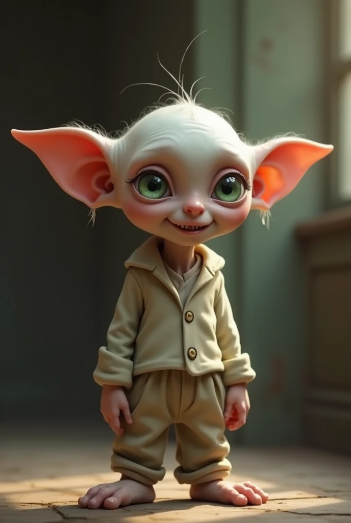 Create an image of Dobby from the movie harry potter, he is a small, thin creature with a fragile appearance and pale, almost translucent skin. The head is large in proportion to the body, with a slightly flattened skull and a prominent forehead. The eyes are large, round and light green, giving an expression that is both happy. The ears are wide and thin, with tips hanging to the sides. The nose is long and thin, and the lips are narrow, with an expression of melancholy. The creature wears a simple but clean blouse and pants. The image should convey a sense of vulnerability and innocence. The background is simple, with an internal environment of neutral tones, highlighting the character even more.
