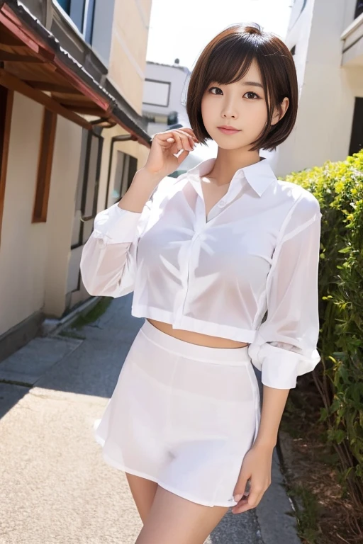 a japanese girl who is wearing a school uniform. so pretty woman. short hair and busty. (see-through shirt),beauty leg. healthy skin. she is not wearing a bra.