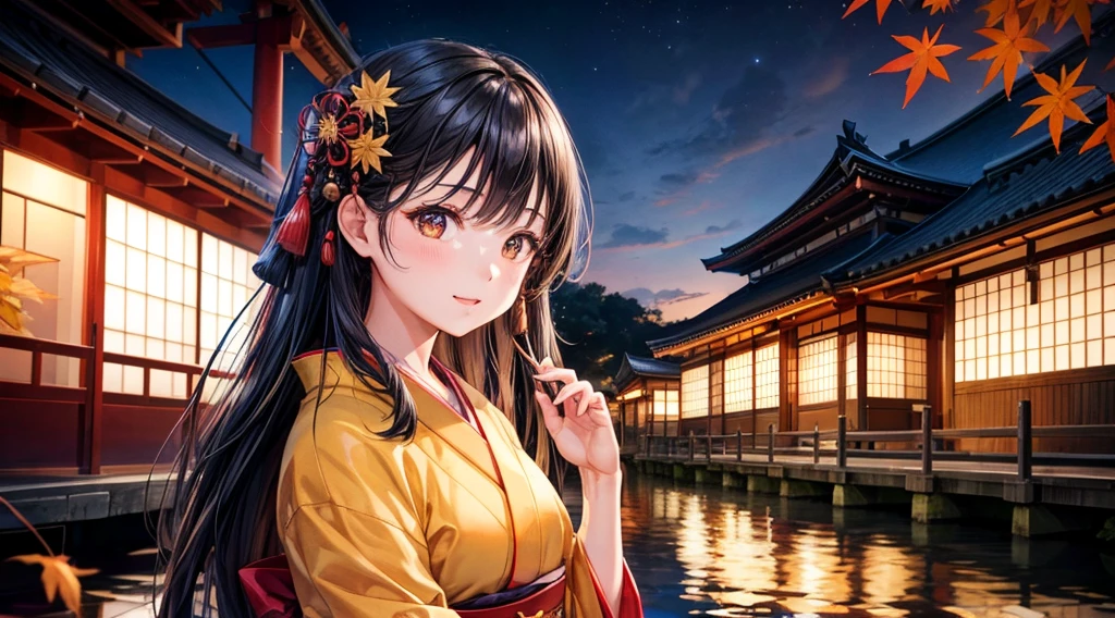 One Girl, Black Hair, Brown eyes, Wear a beautiful Japanese kimono, autumn leaves, Kyoto cityscape, night, High resolution, Ultra Sharp, 8k, masterpiece, View your audience
