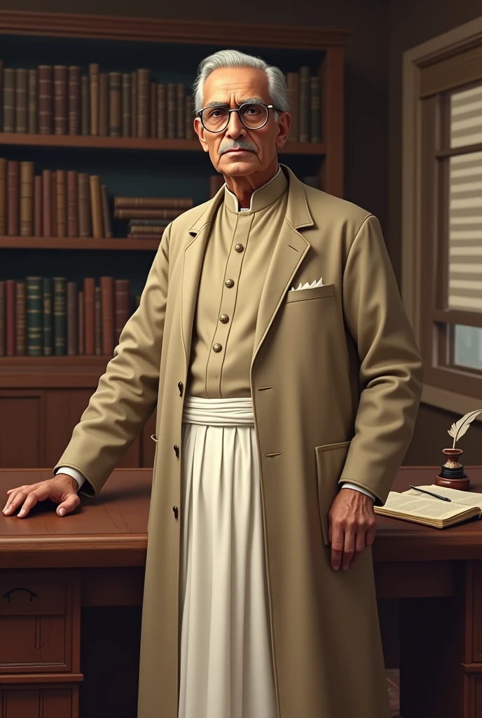 Alladi Krishnaswami Ayyar, an Indian jurist and lawyer, depicted in traditional 1940s Indian attire. He is shown as an elderly gentleman with a dignified appearance, wearing a white dhoti, a traditional long coat, and round glasses. His hair is neatly combed back, and he has a calm, intellectual expression. The background features a simple, elegant office setting with bookshelves filled with law books, papers on a wooden desk, and a quill and inkwell, symbolizing his c