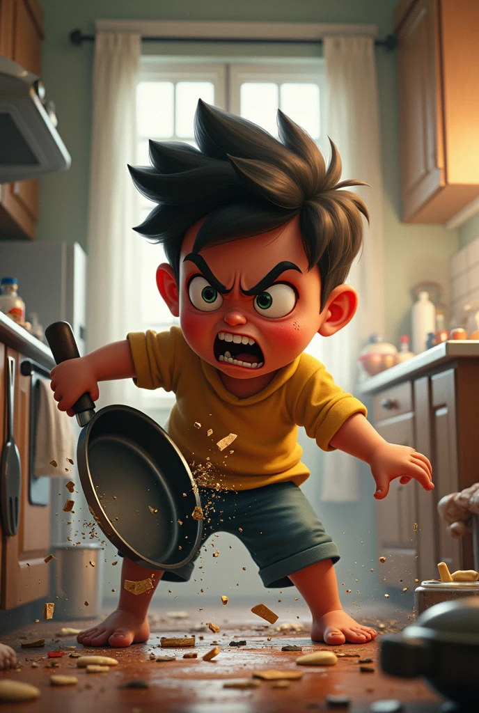 boy breaking frying pan in anger