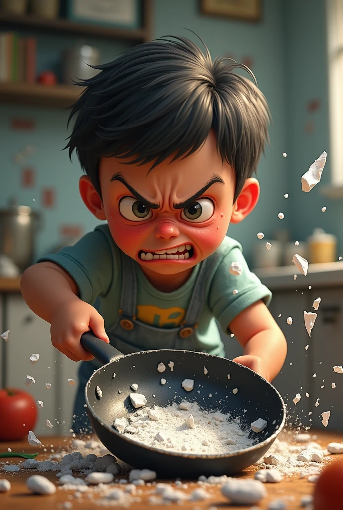 boy breaking frying pan in anger