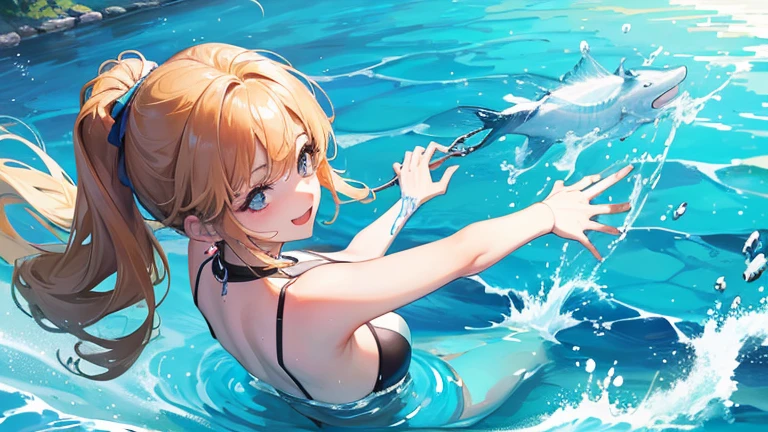 A woman wearing a separate swimsuit、Please draw an illustration of someone playing in the ocean while holding on to a swim ring.。The woman is laughing cheerfully、Having fun in the crystal clear water。In the background、It depicts the blue sea and a slightly rippling water surface.。