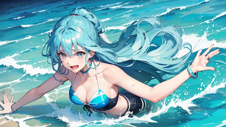 A woman wearing a separate swimsuit、Please draw an illustration of someone playing in the ocean while holding on to a swim ring.。The woman is laughing cheerfully、Having fun in the crystal clear water。In the background、It depicts the blue sea and a slightly rippling water surface.。