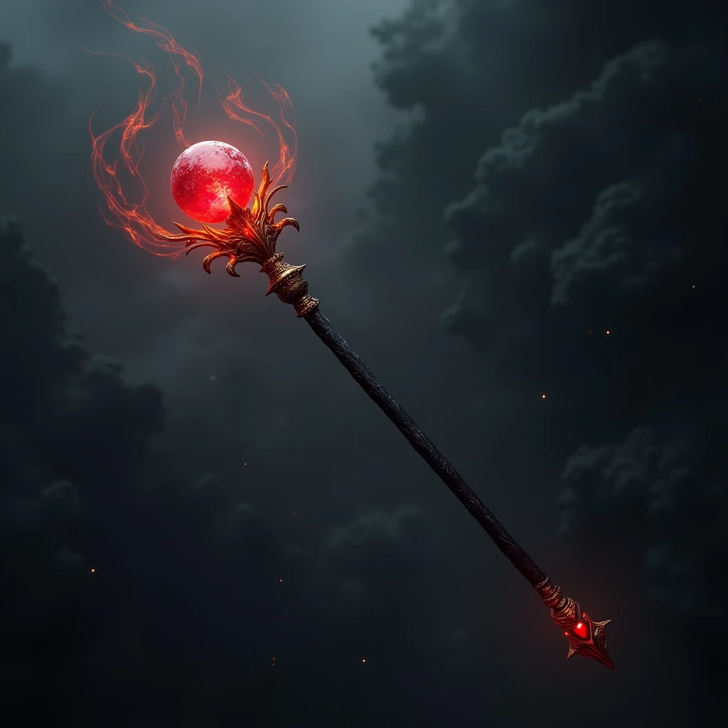hyperrealistic, a magical weapon staff with a black wooden handle, the end set with a red gem from the burning heat it gives off, floating in the air, a shadow swirling around the staff