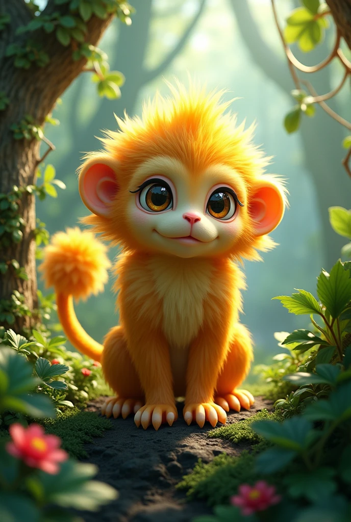 Create a photo of a wild golden lion tamarin in good quality in nature to put on a Pokémon card with an animal theme and try to make it in 3D