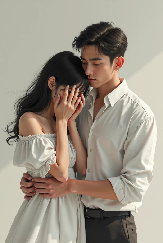 a woman in white dress crying and holding her face while talking to her husband that wear white shirt