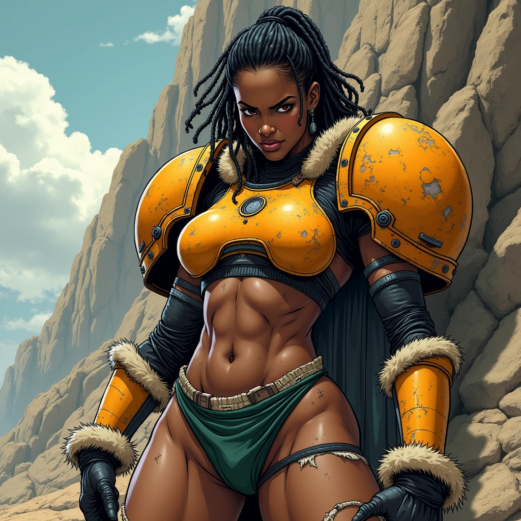 in a dramatic comic book style, richly detailed, cell shading create an illustration of a full body image of African woman getting undressed. She has short black dreadlocks, her hair pulled back, she has dark skin, wide hips and thick thighs. she is wearing a (heavy orange mechanical armor:1.3), chipped paint (orange power armor covering her chest and arms, the chest armor is bulky and angular), (orange breast plate:1.1) with large (round orange shoulder pads:1.1), fur trim, cables connect the shoulder pads to the bracers on her forearm. she has a dark green tight undersuit covering her arms and upper body, the undersuit has tech like texture. (barbarian fur trim:1.3), (fur belt, fur boots). her strong thighs and legs are bare, bare thighs and legs, she is wearing a ragged loin cloth that is full of tears and holes. she has thick thighs. The background should be the side of a barren mountain with many crags and outcroppings. She has a Frowning expression, serious expression, glaring at the camera, and her posture is  a (deep fighting stance, martial arts). inspired by masters of the universe. 