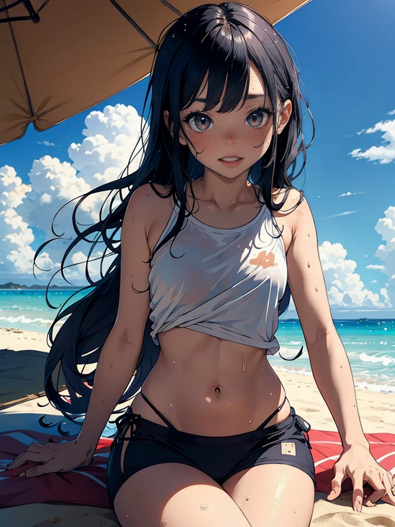 Highest quality, Masterpiece in anime style, (alone:1.1),Rolled up T-shirt,Show off your flashy swimsuit,Summer beach, Laugh innocently, Sensual, Cute Freckles, Mole under left eye, sexy,Sweep sand off the floor with your hands,Wet Hair,Sunburn,blushing skin,