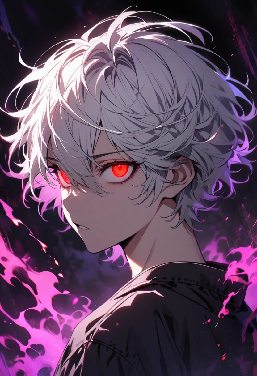 boy,  red eyes, glowing eyes, short hair, white hair, dark aura, beautiful color, beautiful eyes, high detail, teenager
