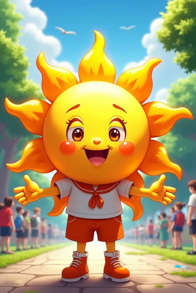 Make a full-body mascot for a student council featuring the face of a cute, smiling sun