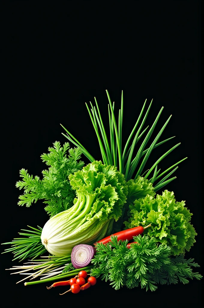 AB vegetables, green colors and black outline, with lettuce, chives and parsley on the bottom