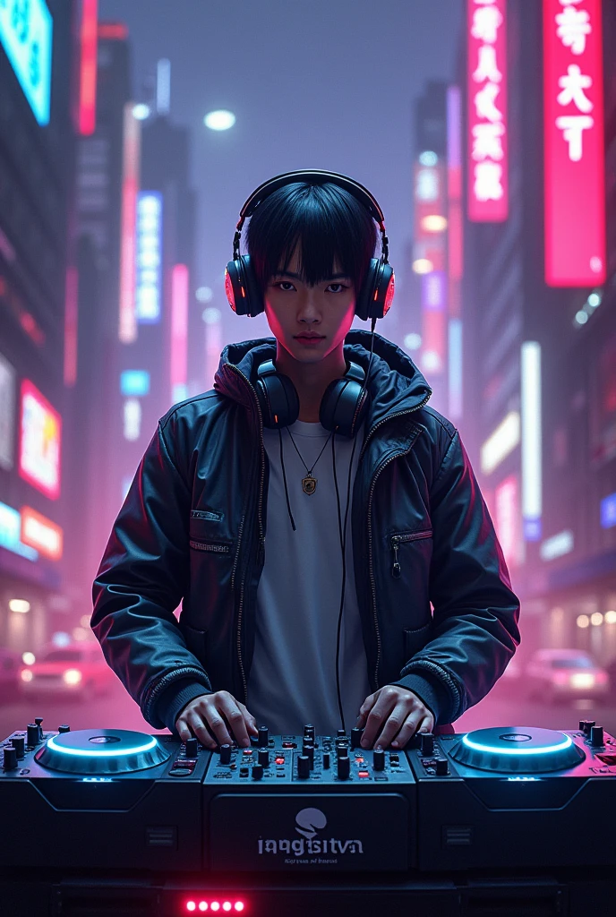 DJ man Asian ciberpunk neon 