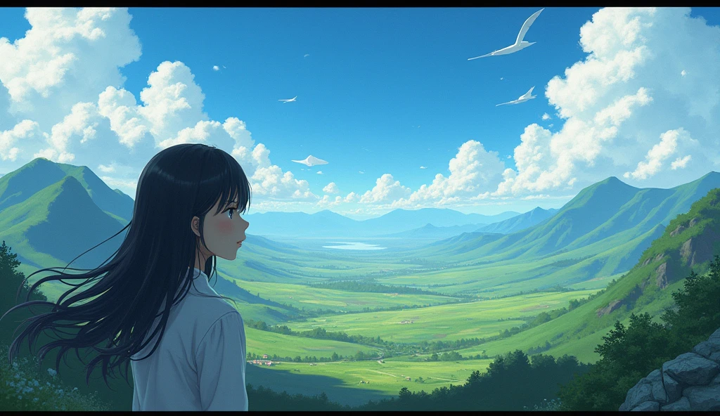 Panoramic anime black hair girl