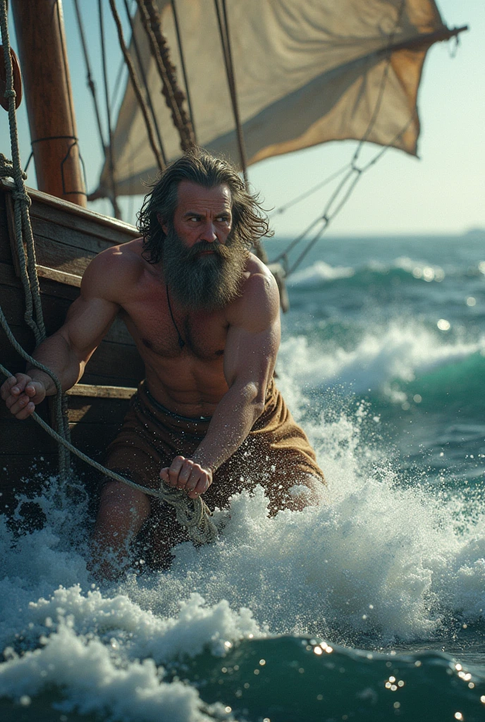 Odysseus tied to the mast of his ship, resisting the sirens' song as the rough sea hits the hull.