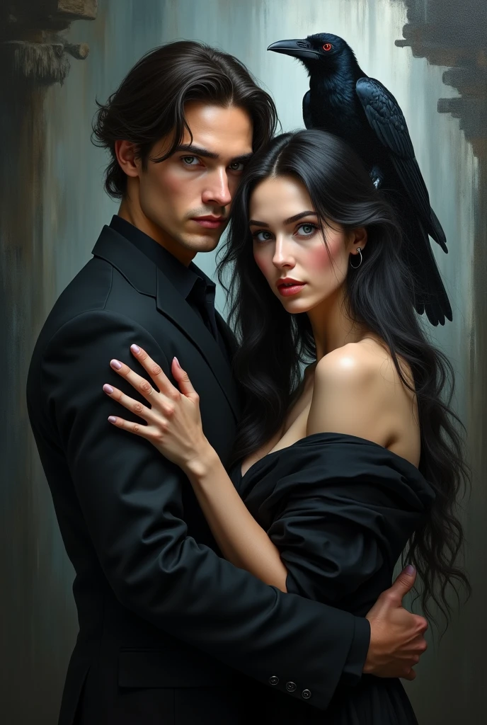 Realistic oil painting, illuminated by soft light on a dark background. Beautiful Russian woman with porcelain skin, delicate features, long black hair, marked eyebrows and intense sky blue eyes, dressed in black, personifies the Goddess Persephone carrying her phoenix. Handsome man with dark brown hair with dark brown eyes and a black suit, personifies the God Hades carrying a black raven on his shoulder. They have a dark and deep look that radiates power and intimidates. They attract the viewer, transporting him to a world of mystery and intrigue.