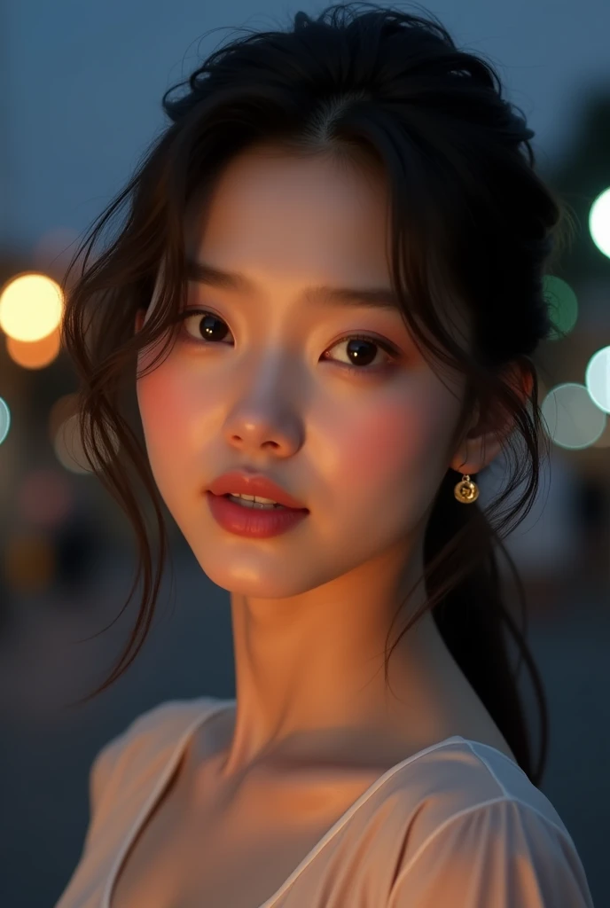 Jisoo future kid Beautiful korean girl at age 29. Night time , detailed face , nice hairstyle , eyes like jisoo, heart shape lip like jisoo , skin colour like jisoo, basic jawline, naturally beautifully , different pose, hair like jisoo.face shape like jisoo kim, smiling. Sexy. , big face ,look real