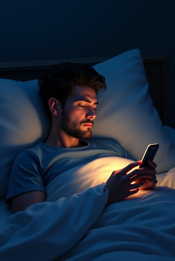 A man using phone lying in bed at night