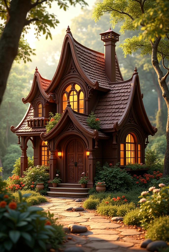 ((masterpiece, 8k, best quality, 8k, super realistic, high resolution:1.3)), chocolate house, chocolate world, chocolate door, parede de chocolate, chocolate details, in a green forest, solar lighting.