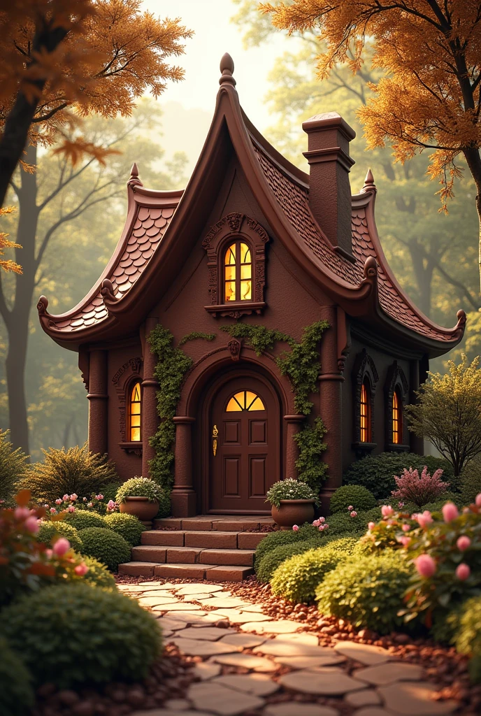 ((masterpiece, 8k, best quality, 8k, super realistic, high resolution:1.3)), chocolate house, chocolate world, chocolate door, parede de chocolate, chocolate details, in a green forest, solar lighting.