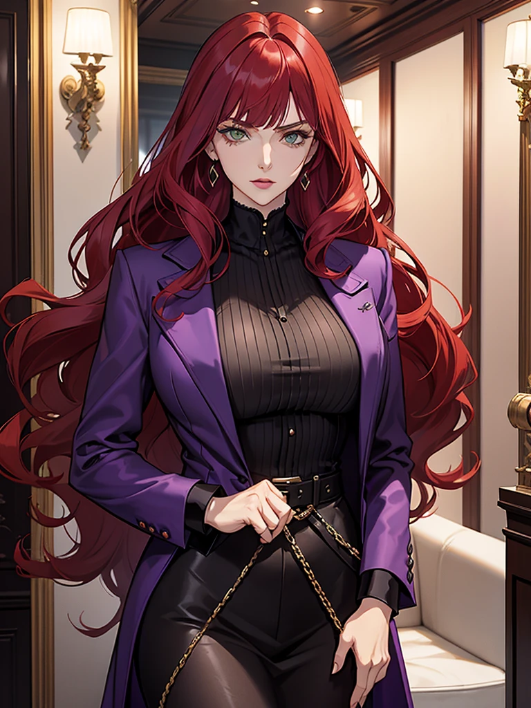 green eyes, red hair with long bangs, noble. sadistic women, wavy long hair. strong woman. purple jacket. she quiet. wear purple and black outfit. background in luxury mansion. dominant woman. mafia. mature woman. girl boss. badass woman. with bangs so long wavy red hair