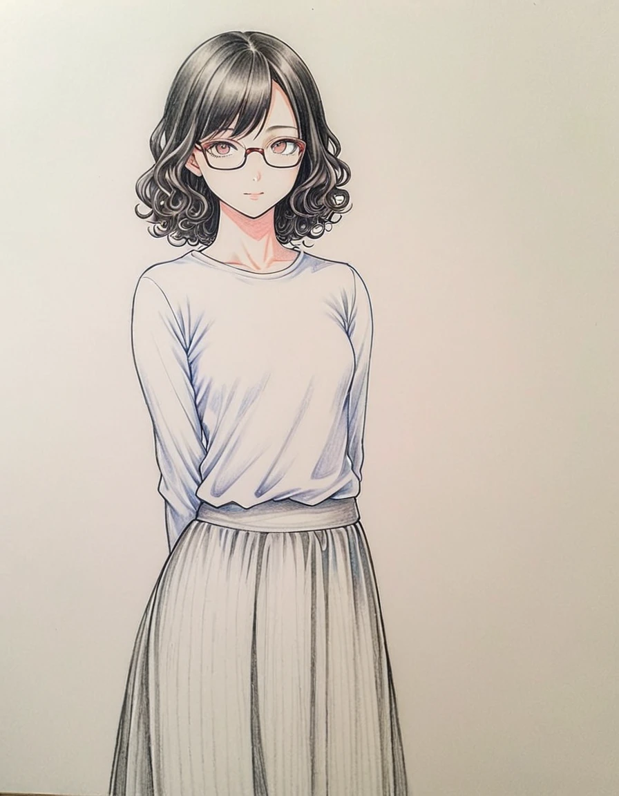 1 female, 30-year-old, alone, thin, slender, small breasts!!!, short hair, curly hair, thin, slender, (((glasses))), long sleeve T-shirt, long sexy skirt, Are standing, art, Colored pencil drawing, draft, White background
