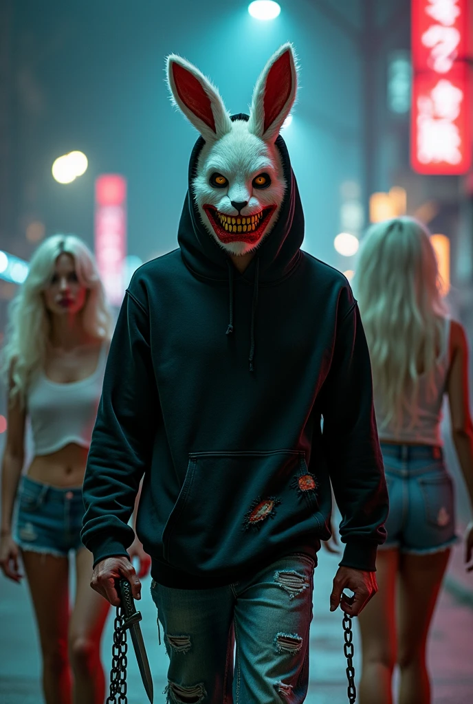 lizoldBS_soul3142, 1 male, furry White bloody rabbit mask with creepy smile and yellow bloody teeth, completely Black torn hoodie, 2 White hair females , wearing short jeans and White tank tops, standing in the city street at night, neon lights in the background, steampunk, dystopia, ethereal, detailed, masterpiece, best quality, dramatic lighting, full body, torn Black pants, blood stains, walking to camera, holding ritual knife in the right hand, massacre in the background, chains in left hand, horror