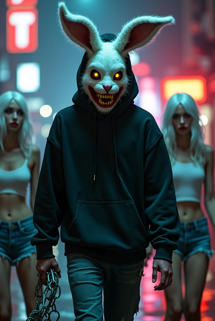 Horror, creepy, 1 male, furry White bloody rabbit mask with creepy smile and yellow bloody teeth, completely Black torn hoodie, 2 White hair females , wearing short jeans and White tank tops, standing in the city street at night, neon lights in the background, ethereal, detailed, masterpiece, best quality, dramatic lighting, full body, torn Black pants, blood stains, walking to camera, holding ritual knife in the right hand, massacre in the background, chains in left hand