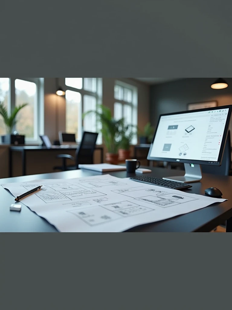 A table with wireframe sketches of screens by a UXer Designer and a DELL computer with a prototype being made on the screen. Do not place people in the image. High resolution image, 4k.  